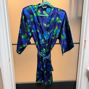 California Dynasty Vintage 80s Satin Floral Kimono Robe Navy Blue Green Sz L